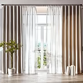 Modern White and Beige Curtains with Sheer Layer Interior Large Window Potted Plant and Books