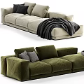 Cozy Beige and Green Sectional Sofa with Pillows and Throw Blanket in Living Room