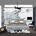 Space Themed Kids Room With Rocket Mural Bed Desk Blue Cabinets And Stuffed Toys