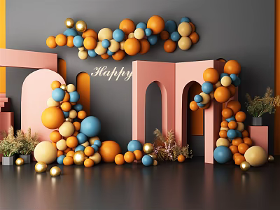 Inflatable Celebration Decorations With Orange Blue Yellow Balls Pink Arches Happy Lettering And Gray Background 3d model