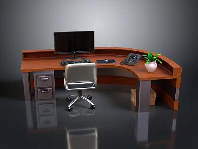 Curved Wooden Office Desk With Computer Monitor Keyboard Telephone And Potted Plant 3d model