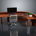 Curved Wooden Office Desk With Computer Monitor Keyboard Telephone And Potted Plant