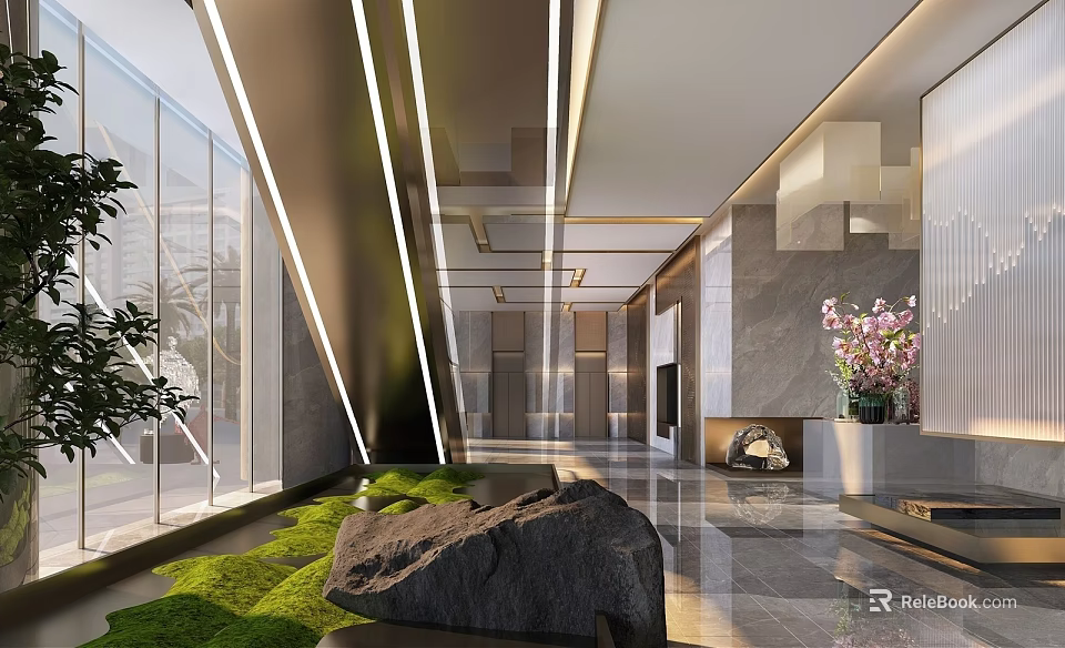 Modern Hotel Lobby Interior With Glass Walls Linear Lights Green Moss And Marble Walls 3d model 