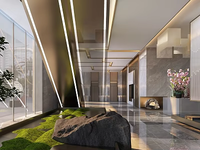 Modern Hotel Lobby Interior With Glass Walls Linear Lights Green Moss And Marble Walls 3d model