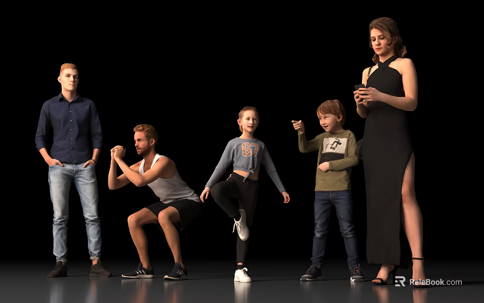 Group of People Posing in Various Dynamic Postures Against Black Background 3d model
