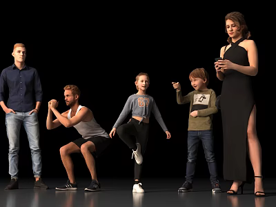 Group of People Posing in Various Dynamic Postures Against Black Background 3d model