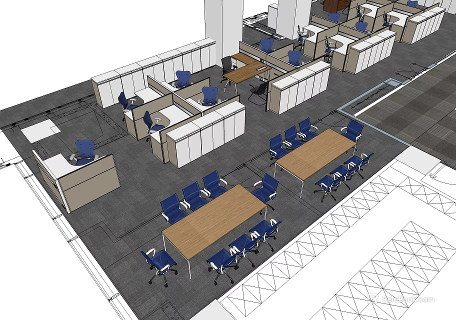 Modern Office Space Layout With Multiple Desks Blue Chairs And Partitions 3d model 