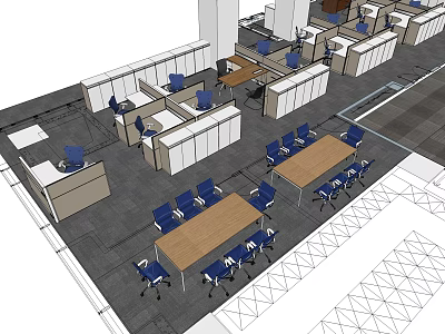 Modern Office Space Layout With Multiple Desks Blue Chairs And Partitions 3d model