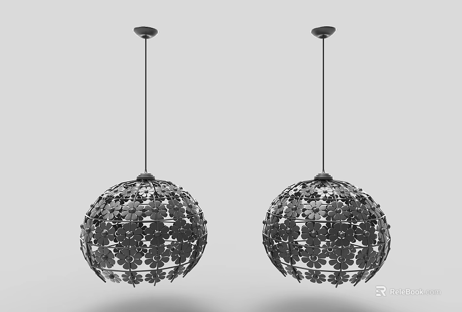 Two Modern Black Spherical Hanging Pendant Lights With Decorative Metallic Petal Design 3d model 