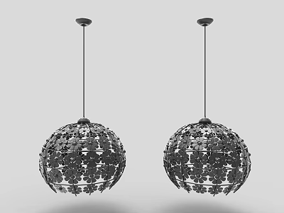 Two Modern Black Spherical Hanging Pendant Lights With Decorative Metallic Petal Design 3d model