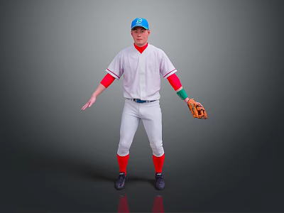 Stylish Baseball Uniform Set With Blue Cap Red Sleeves And Glove 3d model
