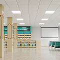 Modern Pharmacy Interior With SPS Sign Wooden Pillars Shelves Ceiling Lights And Glass Door