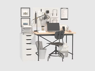 Office Desk With Laptop Lamp Coffee Cup Stationery Drawer Cabinet Trash Bin And Frames 3d model