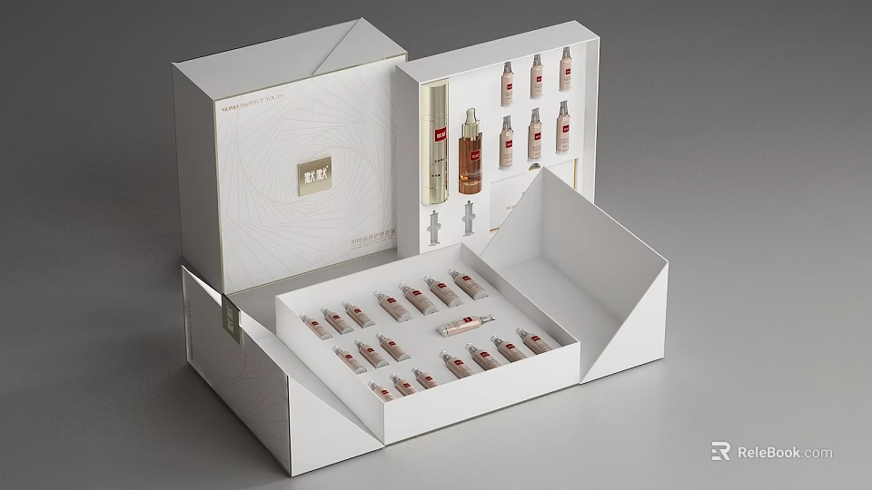 Perfume Cosmetics Luxury Gift Set In Elegant White Opened Box With Multiple Small Bottles 3d model