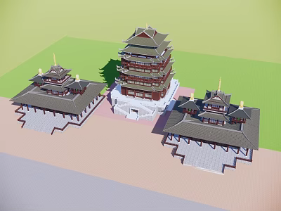 Ancient Chinese Architecture With Multi story Pagoda Traditional Curved Roofs and Courtyard 3d model