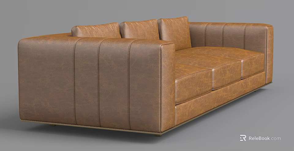 Brown Leather Three Seater Sofa With Stitched Design And Metal Base 3d model