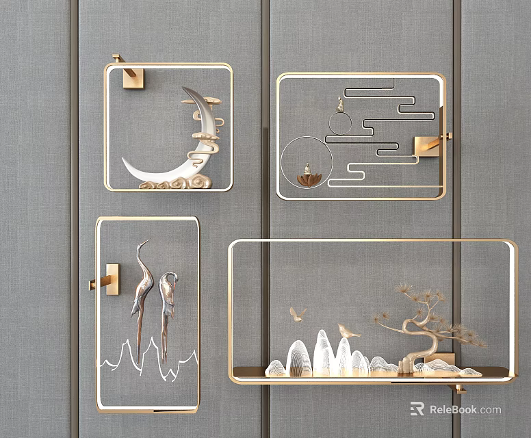 Chinese Style Wall Lamps With Gold Frame Moon Cloud Crane Mountain Patterns 3d model