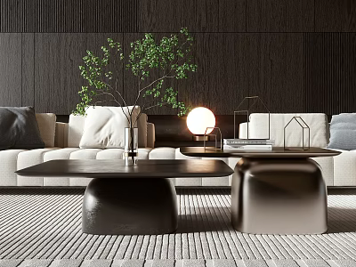 Modern Living Room Coffee Table With Green Plant Lamp Books And Beige Sofa 3d model