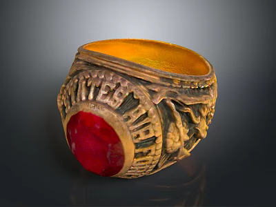 Golden Ring With Red Gemstone And Intricate Carved Patterns For Daily Use 3d model