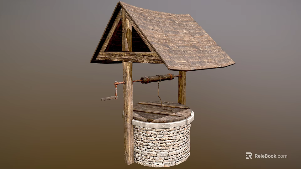 Traditional Well Structure With Wooden Roof Stone Walls And Crank Handle 3d model 