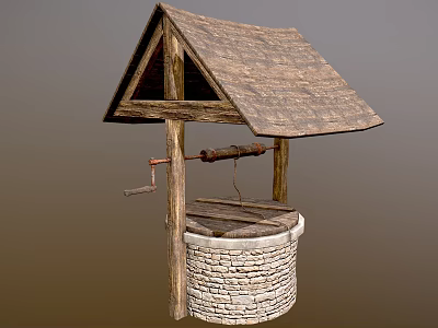 Traditional Well Structure With Wooden Roof Stone Walls And Crank Handle 3d model