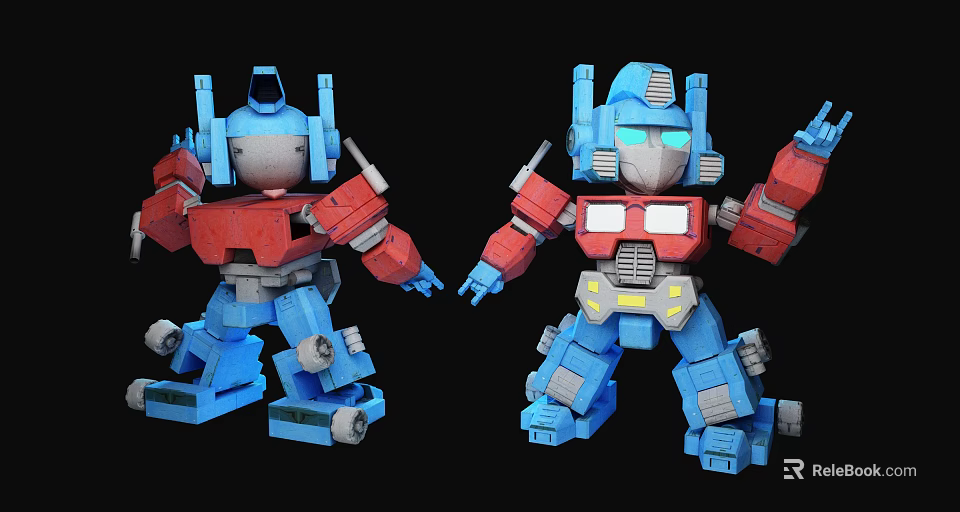 Cartoon Robot Models With Red And Blue Mechanical Structure And Glowing Eyes 3d model 