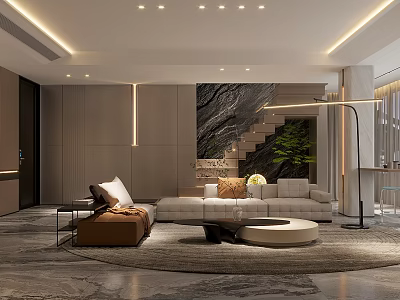 Modern Living and Dining Room Interior With Beige Sofa Brown Accent Chair And Floor Lamp 3d model