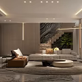 Modern Living and Dining Room Interior With Beige Sofa Brown Accent Chair And Floor Lamp