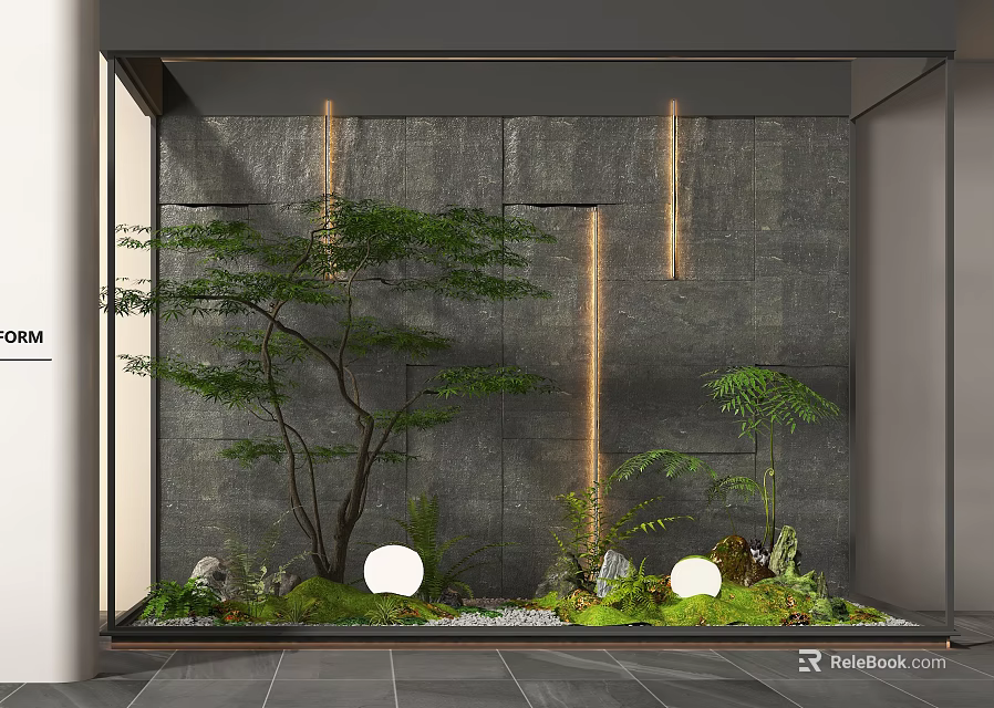 Indoor Landscape Featuring Gray Stone Wall Green Plants White Spherical Lights Hanging Lights And Moss 3d model 