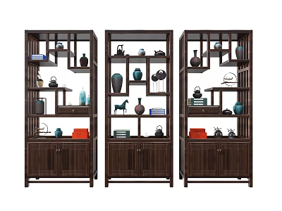 Three Unit Chinese Style Wooden Etagere With Vases Teapots And Decorative Items 3d model