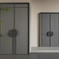Modern Double Doors With Vertical Slats And Circular Knobs In Interior With Bamboo Plant 3d model