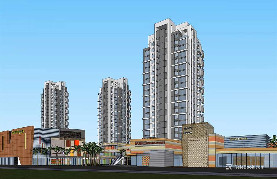 Modern Commercial Street With High Rise Buildings Shops And Palm Trees 3d model 