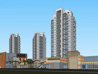Modern Commercial Street With High Rise Buildings Shops And Palm Trees 3d model