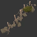 Suspended Stone Bridge With Wooden Ropes Connecting Natural Green Grass Island