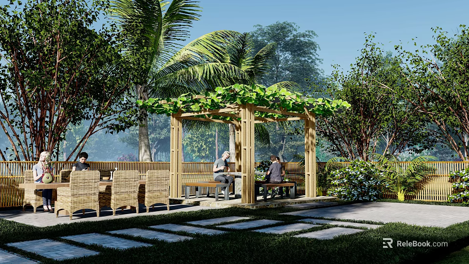 Wooden Pergola With Green Vines Surrounded By Trees And Wicker Furniture For Outdoor Relaxation 3d model 