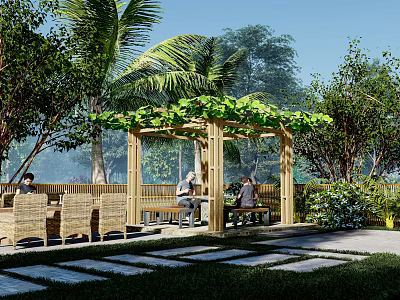 Wooden Pergola With Green Vines Surrounded By Trees And Wicker Furniture For Outdoor Relaxation 3d model