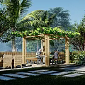 Wooden Pergola With Green Vines Surrounded By Trees And Wicker Furniture For Outdoor Relaxation