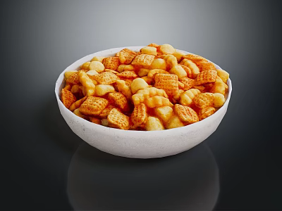Golden Mixed Crispy Snacks in White Bowl with Different Shapes and Crunchy Texture 3d model