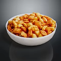 Golden Mixed Crispy Snacks in White Bowl with Different Shapes and Crunchy Texture