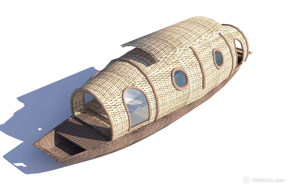 Traditional Wooden Boat With Bamboo Woven Structure Circular Windows And Thatched Roof 3d model 