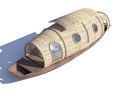 Traditional Wooden Boat With Bamboo Woven Structure Circular Windows And Thatched Roof 3d model