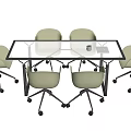 Modern Conference Table with Black Glass Top Light Green Rolling Chairs and White Notebook