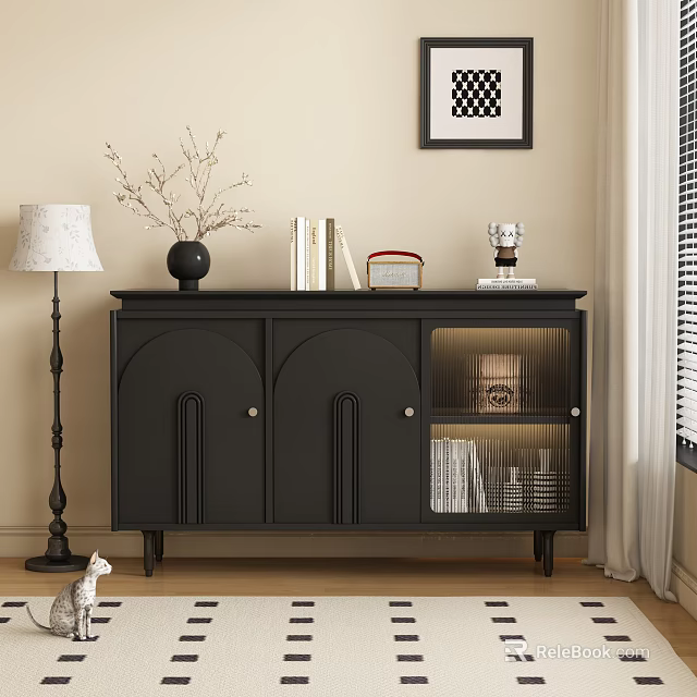 Modern Black Entryway Console Table With Decorative Vase Books Glass Door And Wall Art 3d model 