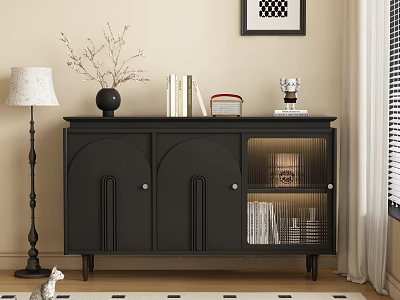 Modern Black Entryway Console Table With Decorative Vase Books Glass Door And Wall Art 3d model