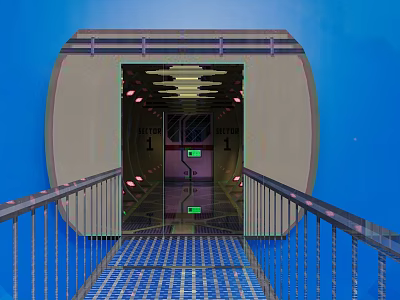 Blue Background Tunnel Entrance With Metal Rail Walkway And Interior Signs 3d model