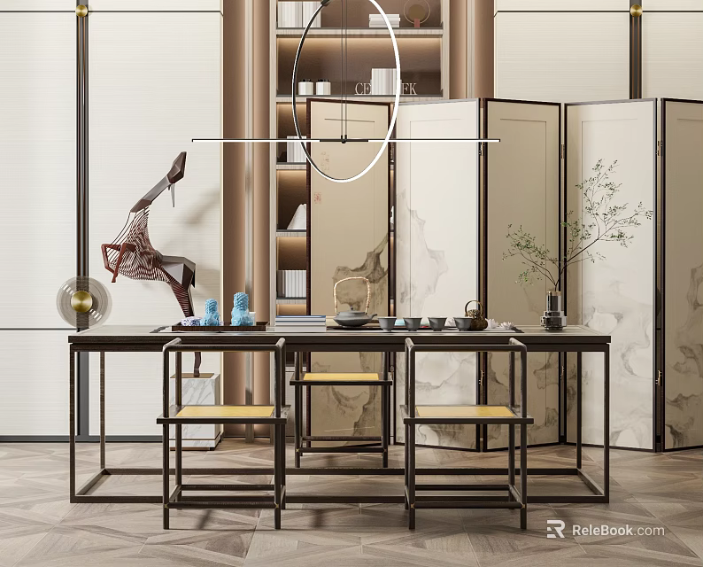 Chinese Style Tea Table and Chairs With Screen Tea Sets and Decorative Plants 3d model