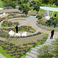 Serene Park Landscape Featuring Stone Garden Steps Purple Flowers And Lush Green Trees