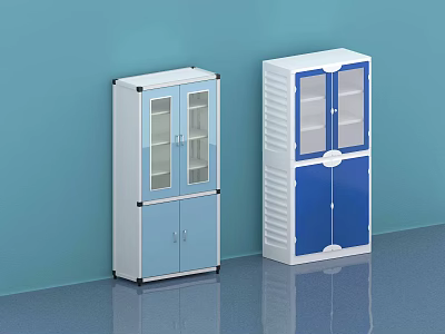 White and Blue Storage Cabinets with Glass Doors Against Light Blue Wall 3d model