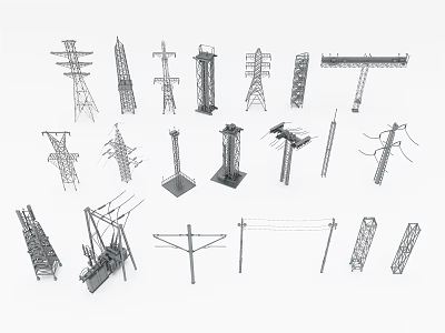 Industrial Power Transmission Equipment with Various Towers Poles and Support Structures 3d model