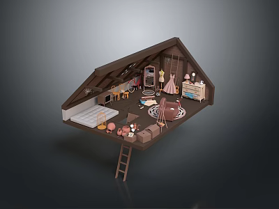 Scenic View Through Attic Room Window With Cozy Interior Elements 3d model